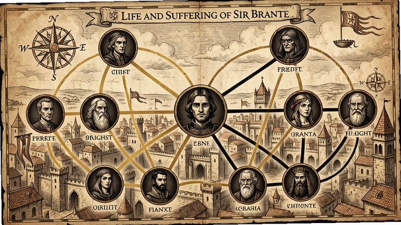 The Life and Suffering of Sir Brante游戏角色关系网示意图,以主角为中心向外辐射出多个不同阶层的人物头像,头像之间用金色与黑色线条连接,表示友好或敌对关系,背景是古老的帝国城市俯瞰图,整体风格为羊皮纸地图与铜版画结合,细节丰富
