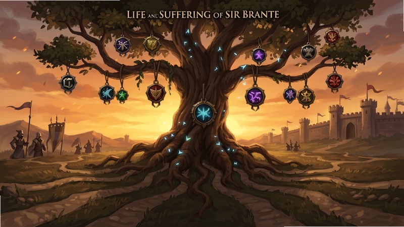 The Life and Suffering of Sir Brante游戏结局分支图,画面中央是一棵巨大的古树,树枝上悬挂着不同颜色的徽章代表不同结局,树根处有无数条小径延伸向各方,背景是黄昏下的帝国边境,色调温暖而略带悲凉,整体构图具有象征意义,突出命运的多重可能性