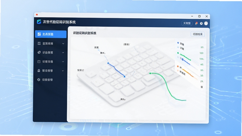 次世代验证码识别系统主界面预览图,画面中央为软件主窗口,左侧功能导航栏,右侧识别结果显示区域,背景为淡蓝色科技感渐变,整体风格简洁明亮,突出软件专业性与易用性,画面清晰无文字遮挡