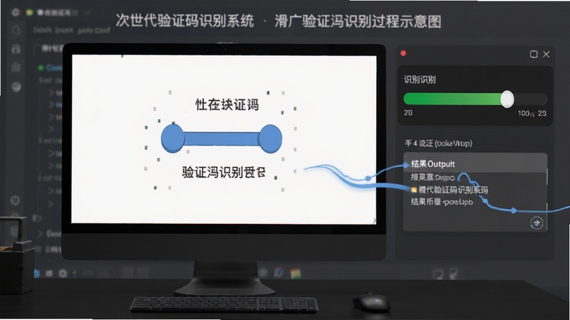 次世代验证码识别系统滑块验证码识别过程示意图,画面展示电脑屏幕上滑块验证码界面,右侧有软件识别进度条与结果输出框,背景为深灰色桌面,突出识别过程的流畅感与准确性