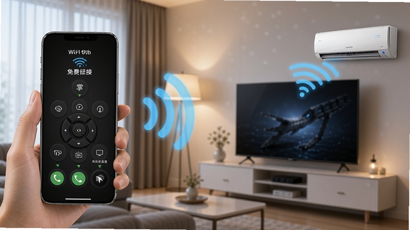 掌上手机万能遥控器免费版WiFi连接示意图,手机与智能电视、空调通过无线信号连接,背景为现代家居,光线柔和,科技感十足,突出无线控制的便捷性