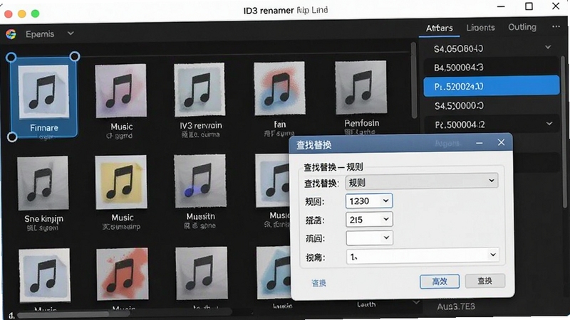 ID3 renamer 批量编辑功能示意图,画面中显示多个音乐文件被选中,右侧标签信息栏高亮显示,同时有一个悬浮窗口展示查找替换的规则设置,整体色调明亮,突出操作的高效与便捷。