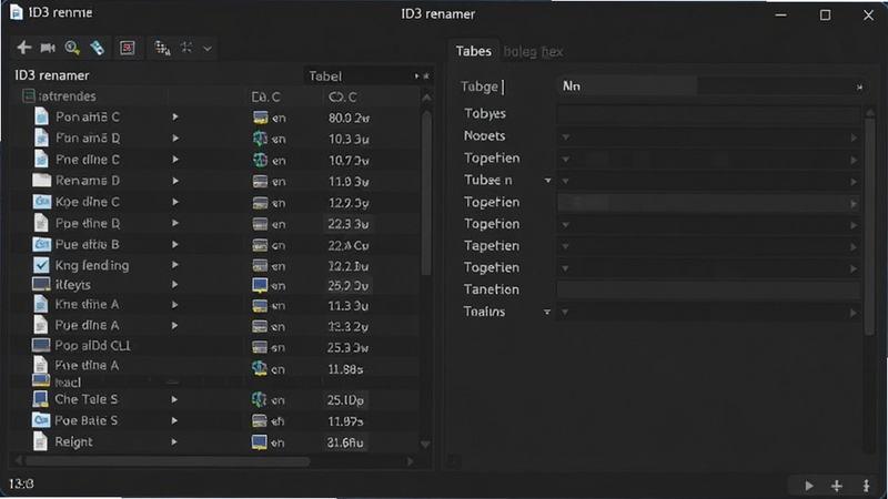 ID3 renamer 主界面预览图,展示软件在电脑上运行的完整界面,左侧为文件列表,右侧为标签编辑区域,背景为深色系的现代软件界面设计,整体风格简洁专业,突出软件的核心功能布局。