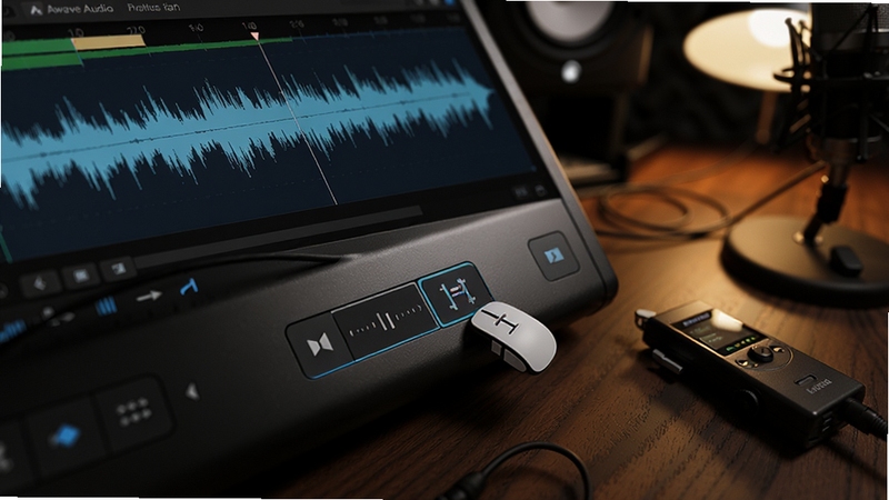 Awave Audio 音频编辑界面特写,显示波形图与剪辑工具,鼠标悬停在裁剪按钮上,背景为深色木质桌面,摆放着录音笔和麦克风,暖色调灯光,营造专业录音棚氛围,细节清晰