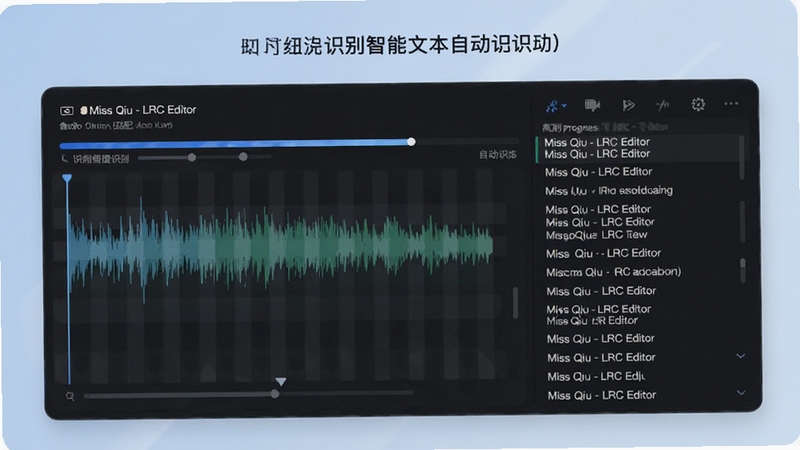 展示Miss Qiu - LRC Editor智能识别功能,音频文件与歌词文本自动匹配,界面显示识别进度条和歌词列表,背景为淡蓝色渐变,突出人工智能识别的高效与便捷