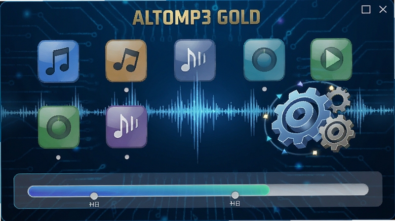 AltoMP3 Gold 音频格式转换功能示意,界面显示多种音频格式图标与转换进度条,背景为科技感蓝色调,画面中央有音乐波形与齿轮元素,强调转换速度与品质,高清数字渲染,风格明亮清晰