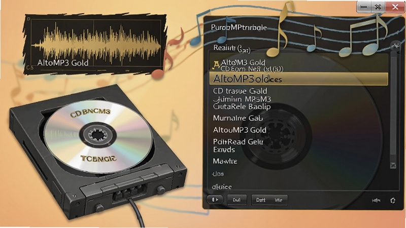AltoMP3 Gold 抓取CD音轨操作界面,画面显示光驱中光盘与音轨列表,背景为柔和暖色系,波形图与音符元素点缀,突出音乐收藏与数字化概念,高清插画风格,细节生动