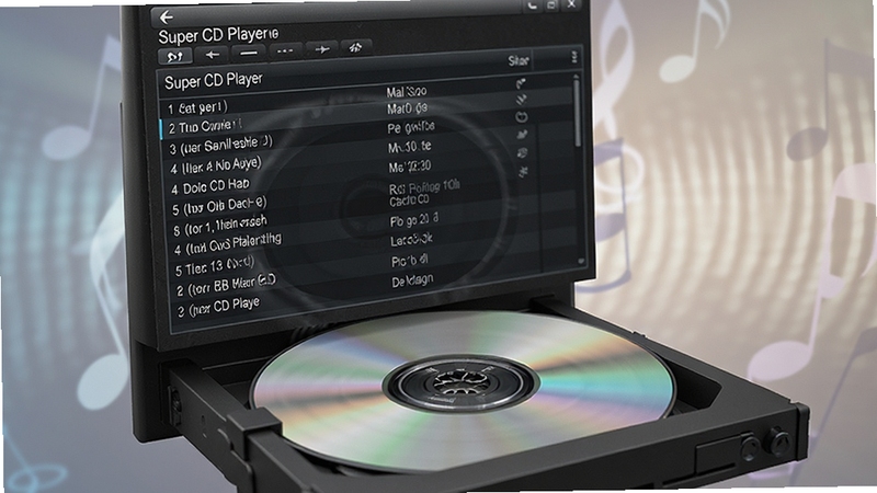 Super CD Player 读取CD光盘的界面特写,光盘在光驱中旋转,软件界面显示音轨列表与曲目信息,背景为柔和的光影效果,突出软件名称Super CD Player,画面具有科技感与音乐氛围
