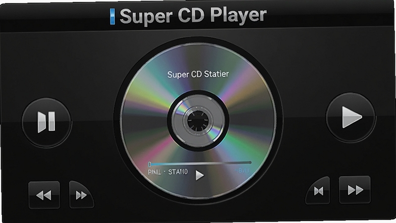 Super CD Player 主界面展示,深色背景,界面中央显示CD光盘播放状态,四周有简洁的播放控制按钮,整体风格现代且专业,突出软件名称Super CD Player,画面清晰,细节丰富