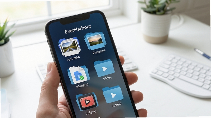 EverHarbour 智能文件分类功能展示,手机屏幕上显示自动归类后的图片、文档、视频文件夹,图标清晰,背景为明亮干净的桌面,强调自动化整理带来的便捷体验