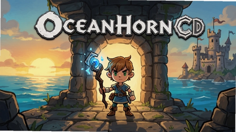 Oceanhorn CD 游戏主视觉图,画面中心是手持法杖的小勇士站在古老地牢入口,背景是夕阳下的海洋与废弃城堡,整体采用手绘卡通渲染风格,色彩明亮,细节丰富,适合作为游戏宣传图
