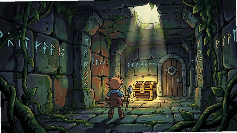 Oceanhorn CD 地牢探索场景,角色站在布满藤蔓的石头走廊中,前方有发光的宝箱和机关门,墙壁上刻着古老符文,光线从顶部缝隙洒下,营造神秘冒险氛围,手绘风格,色彩浓郁