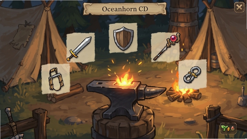 Oceanhorn CD 装备锻造界面,画面中央是铁砧和冒着火花的锻造台,周围悬浮着剑、盾牌和法杖等装备图标,背景是营地帐篷和篝火,UI界面清晰,手绘风格,暖色调