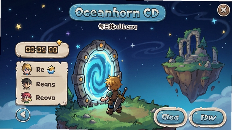 Oceanhorn CD 每日挑战界面,画面展示一个发光的传送门,旁边有倒计时和奖励列表,角色站在门前准备进入,背景是星空下的浮空岛,UI按钮圆润,色彩明快,手绘风格