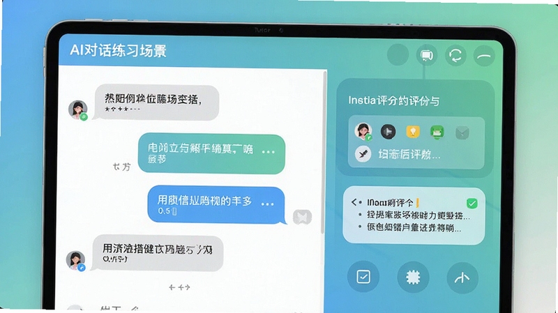 Tutor Luna 主界面预览图,展示AI对话练习场景,左侧为对话气泡,右侧为即时评分与纠错提示,背景为清新的渐变色,整体风格现代简约,突出软件核心功能