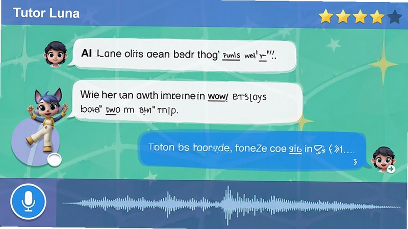 Tutor Luna 对话练习界面截图,显示AI助手与用户的英文对话内容,界面下方有麦克风按钮和实时语音波形图,右上角显示评分星星,整体色彩明亮清晰