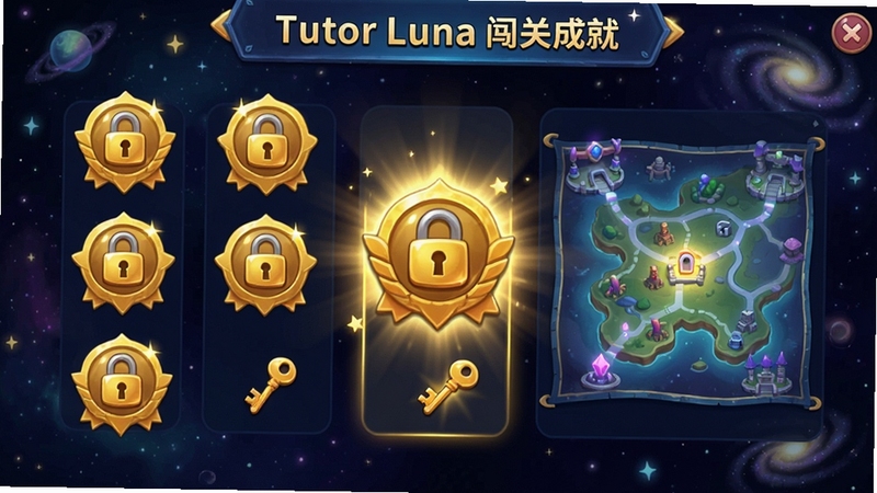 Tutor Luna 闯关成就界面,展示一系列金色徽章和关卡地图,每个关卡有锁和钥匙图标,当前关卡高亮显示,背景为星空主题,充满激励感