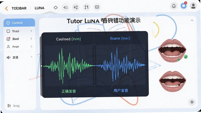 Tutor Luna 发音纠错功能演示图,展示单词发音波形对比,正确发音与用户发音用不同颜色线条标示,旁边有口型示意动画,背景为干净的学习界面