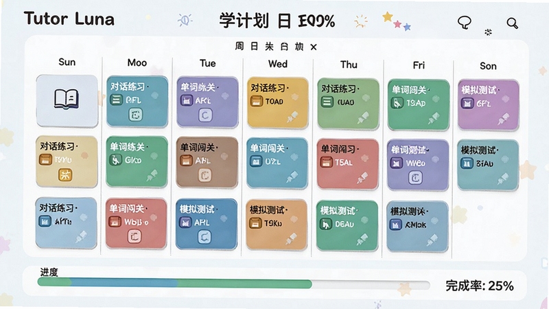 Tutor Luna 学习计划页面,展示周计划日历,每天有不同颜色的任务模块,包括对话练习、单词闯关、模拟测试等,下方有进度条和完成率百分比