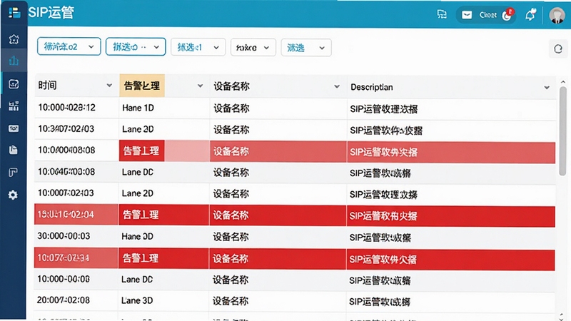生成一张SIP运管软件告警日志界面的示意图,画面显示一个表格,包含时间戳、告警级别、设备名称和描述信息,其中几条红色高亮告警记录,界面上方有筛选标签栏,整体采用明亮色调,表格线条清晰,类似企业级管理后台的日志查询页面