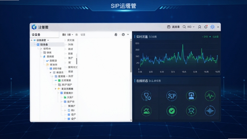 生成一张科技感十足的软件界面预览图,画面中心展示SIP运管的主控制台,左侧为设备列表树,右侧显示实时流量曲线与在线状态图标,背景采用深蓝色渐变网格,整体风格专业简洁,突出数据可视化元素