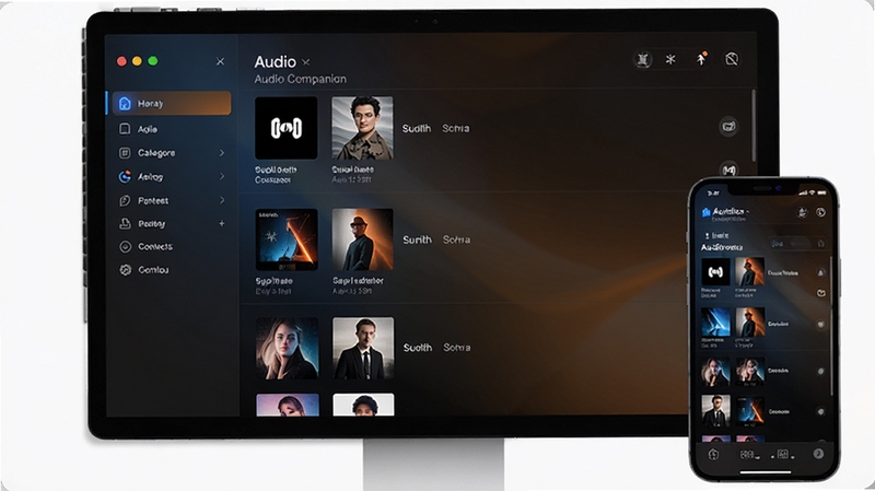 Audio Companion 主界面预览图,展示其整洁的曲库管理界面,左侧为分类导航栏,右侧为歌曲列表,背景为深色渐变,图标采用蓝色与橙色高光,整体风格现代大气,适配桌面与移动端展示
