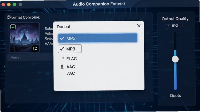 Audio Companion 格式转换功能操作界面,显示选中歌曲后弹出格式选择窗口,包含MP3、FLAC、AAC等选项,右侧显示输出质量滑块,背景为深蓝色调,突出科技感