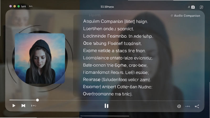 Audio Companion 歌词显示效果预览,展示歌曲播放时全屏歌词逐行滚动,封面在左侧旋转显示,背景为模糊的专辑艺术图,界面半透明毛玻璃效果,现代感十足