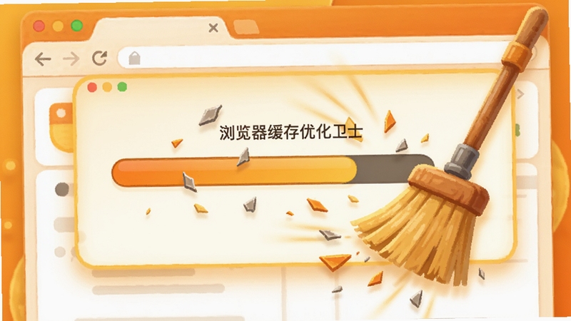 网页游戏优化卫士进行浏览器缓存清理的进度条界面,背景是浏览器窗口的抽象叠加,有扫把清扫微小碎片的动态效果,色彩以橙黄暖色调为主,给人生动活泼的清洁感