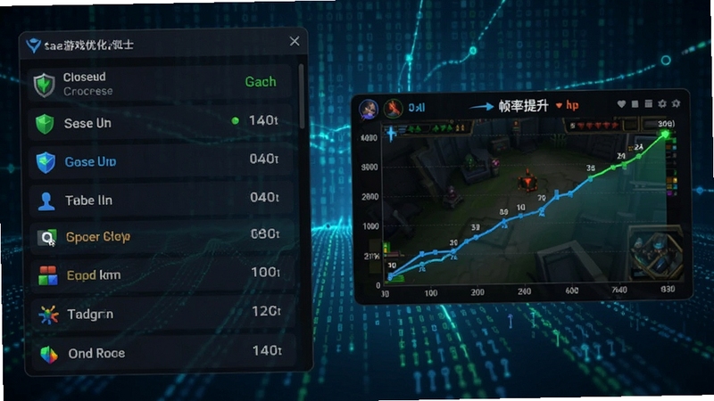 网页游戏优化卫士的智能调度功能示意图,画面左侧罗列着关闭的进程列表,右侧是游戏画面帧率提升的折线图,背景为半透明的数据流矩阵,色彩明亮清晰,强调资源分配的精准与高效