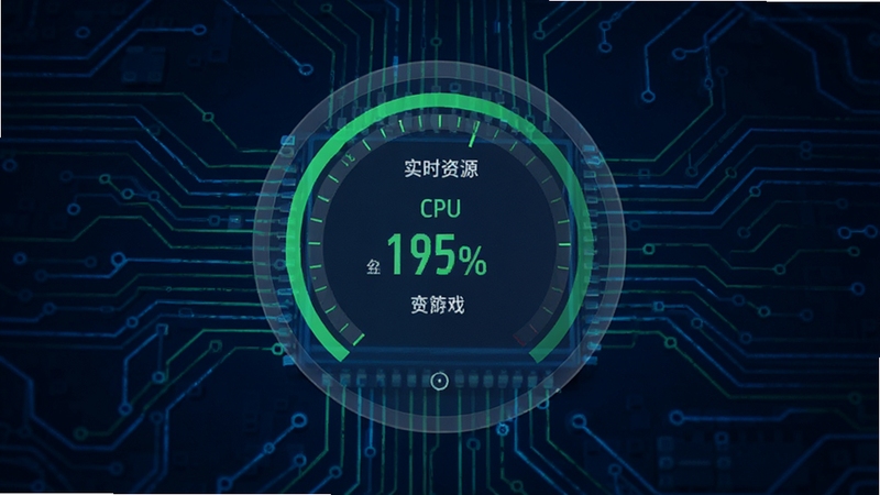 网页游戏优化卫士主界面清晰展示系统资源实时占用图表,背景是炫酷的科幻风格电路板纹理,中部悬浮一个半透明的圆形性能仪表盘,显示CPU与内存占用率,整体色调以深蓝与荧光绿为主,营造科技感与高效氛围