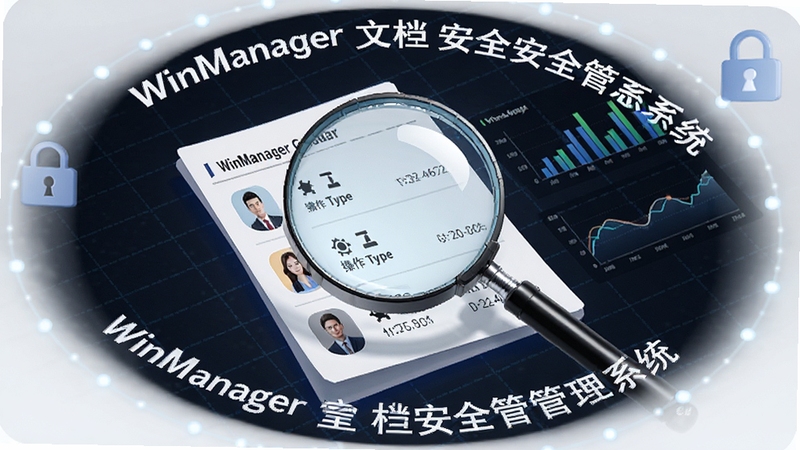 一张WinManager文档安全管理系统审计日志功能的概念图,画面中央是一个放大镜在扫描一份日志文件,日志文件上显示有用户头像、操作类型图标和时间戳,背景是深色网格和数据图表,周围环绕着WinManager文档安全管理系统字样,整体风格偏商务科技感,强调审计的全面性和精准性