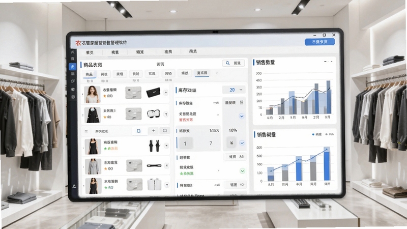 衣管家服装销售管理软件主界面预览图,展示商品列表、库存数量、销售图表,背景为现代简约的服装店铺环境,界面清晰明亮,突出软件功能与专业感