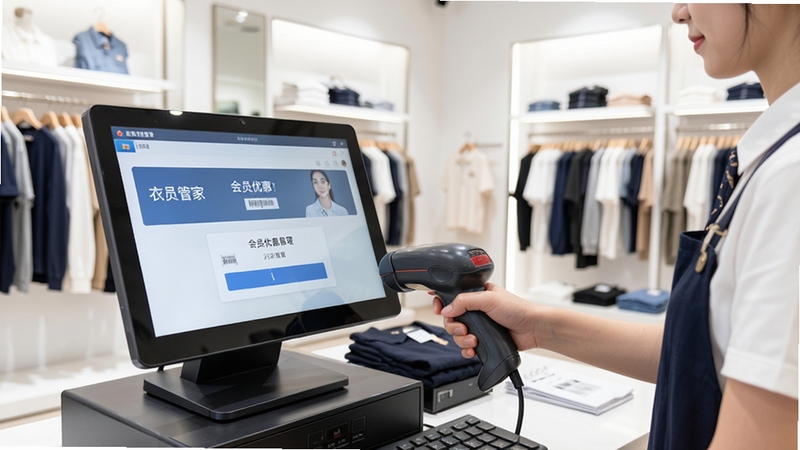 衣管家服装销售管理软件收银台场景,店员使用扫码枪扫描服装条码,屏幕显示会员优惠信息,背景为明亮整洁的服装店面