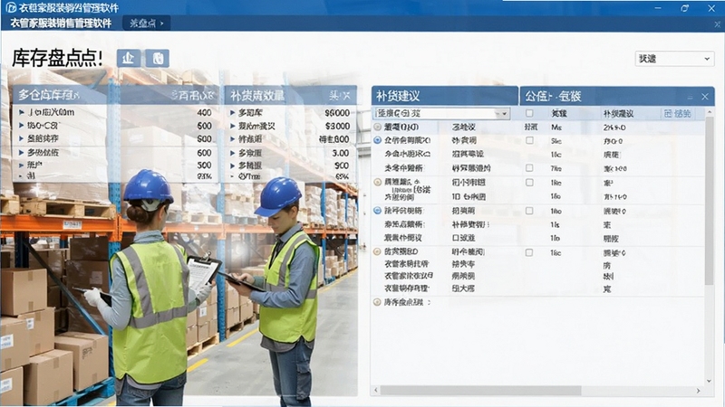 衣管家服装销售管理软件库存盘点报表截图,展示多仓库库存数量、补货建议列表,背景为仓库货架与盘点人员