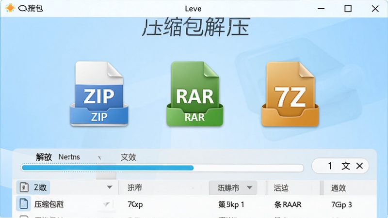 压缩包解压软件主界面预览图,画面中央显示多种压缩文件图标(ZIP、RAR、7Z),背景为浅蓝色渐变,前景有解压进度条与文件列表,整体风格简洁明亮,突出高效解压核心功能,软件名称“压缩包解压”出现在界面顶部。
