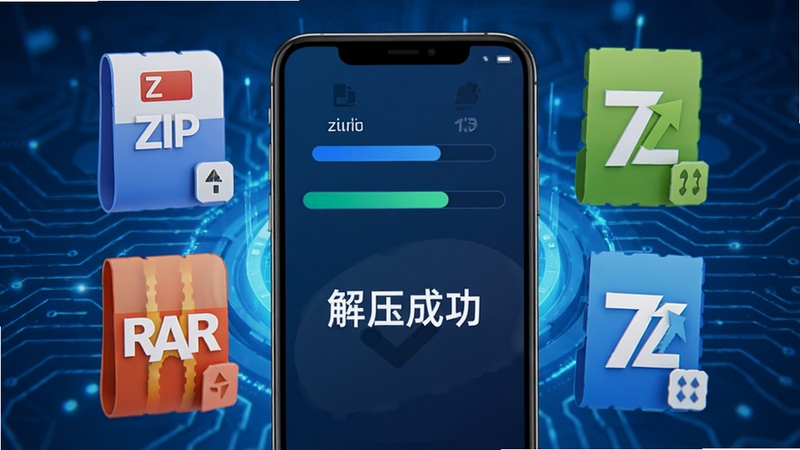 压缩包解压软件展示多格式支持功能,画面中多个彩色压缩包图标(ZIP、RAR、7Z)环绕在手机屏幕周围,屏幕内显示解压进度条与“解压成功”字样,背景为科技感蓝色调,突出高效与兼容性。