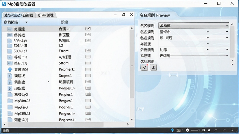 一幅展示Mp3自动改名器软件主界面的高清电脑截图,界面左侧为文件列表,右侧为命名规则预览,背景为淡蓝色科技感渐变,整体风格简洁明亮,软件名称在界面左上角清晰显示