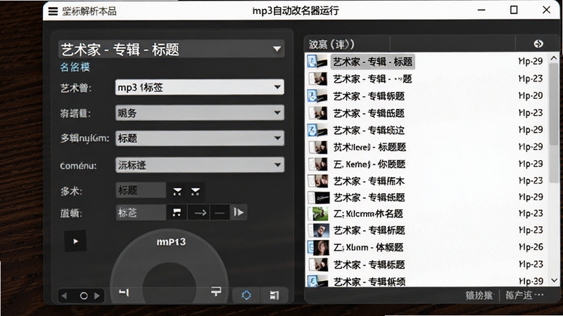 一张Mp3自动改名器运行时的特写预览图,界面展示“艺术家 - 专辑 - 标题”的命名模板设置,右侧文件列表中的歌曲名称正在自动变化,背景为深色木质桌面,软件界面高亮显示,强调其标签解析功能