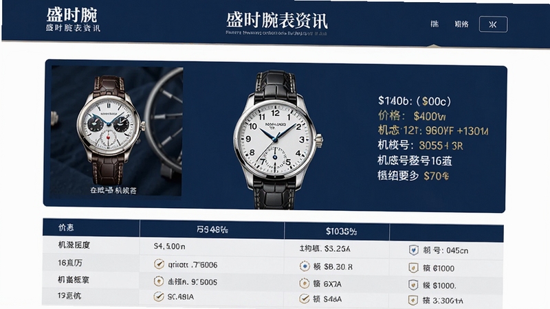 盛时腕表资讯页面截图,展示多款名表的高清图片与规格参数对比表格,背景为深蓝色商务风格,画面中央是一块经典大三针腕表,旁边显示价格、机芯型号等数据,整体色调沉稳专业,突出信息丰富度