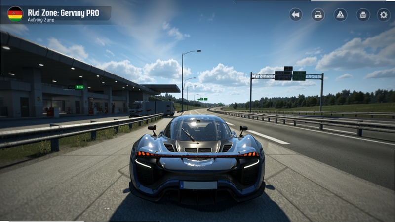 Driving Zone: Germany PRO 游戏主界面预览图,画面中央是一辆高性能跑车停在德国高速服务区,背景是开阔的蓝天白云和笔直的Autobahn高速公路,画面具有逼真的光照效果和车辆反射细节,写实风格,竖版构图