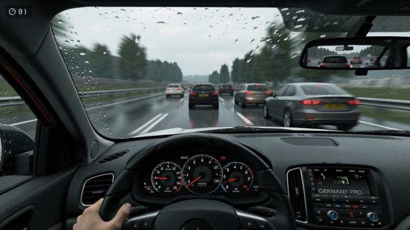 Driving Zone: Germany PRO 车辆驾驶舱视角截图,仪表盘清晰可见,车辆正在雨天湿滑路面上高速行驶,挡风玻璃上有雨滴效果,后视镜中可以看到后方车流,氛围逼真,写实游戏画面