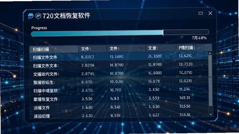 720文档恢复软件的深度扫描界面,显示进度条和已扫描文件列表,背景为深蓝色科技感线条,数据流动效果,画面明亮清晰,突出软件强大的扫描能力
