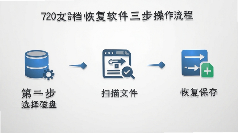 720文档恢复软件的三步操作流程图,第一步选择磁盘,第二步扫描文件,第三步恢复保存,每个步骤用简洁图标和文字说明,背景为浅灰色渐变,整体风格干净专业