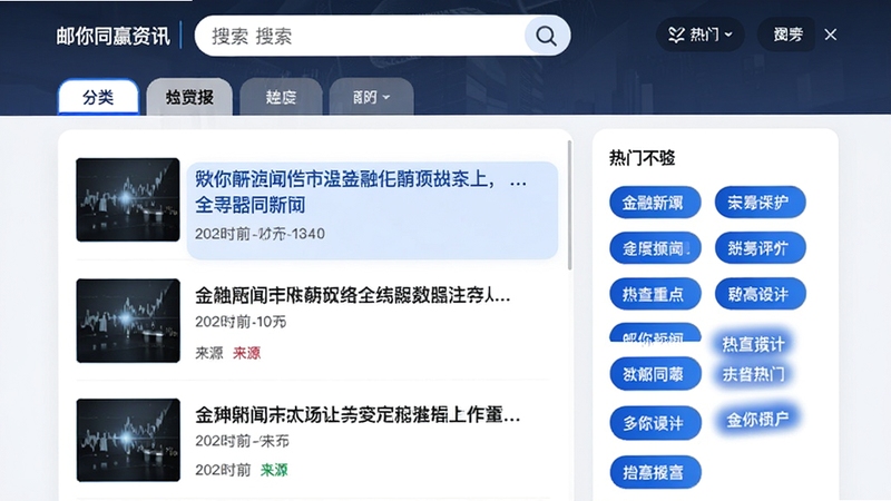����ͬӮ��Ѷ��Ŀҳ��Ч��ͼ�����Ϊ�����б����Ҳ�Ϊ���ű�ǩ������չʾ�������ű��⡢����ʱ�䡢��Դ��ʶ�������������������ɸѡ��ǩ�������������׶�����ɫ�����ص���Ϣ