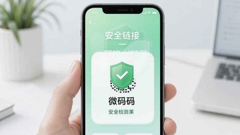 微码扫扫二维码手机界面显示安全检测结果,绿色盾牌图标表示链接安全,背景为柔和的安全提示界面,有“安全链接”字样,风格清新