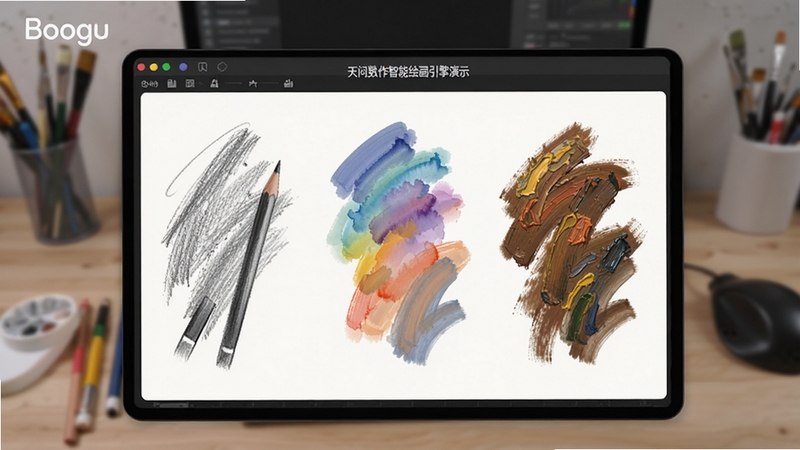 天问数作智能绘画引擎演示,画面展示不同笔刷效果对比,包括铅笔、水彩、油画等,笔触细节丰富,色彩过渡自然,背景为简洁的工作台,突出笔刷质感与软件名称,主体为笔刷效果展示区域,背景虚化,适配Boogu模型生成。