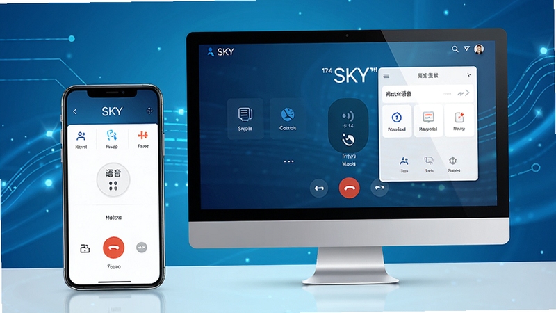 SKY网络电话软件主界面预览图,展示清晰的功能布局与现代简约设计,背景为渐蓝色科技感氛围,前景为手机与电脑设备屏幕中显示通话界面,突出高清语音通话功能,画面明亮,细节丰富,4K画质