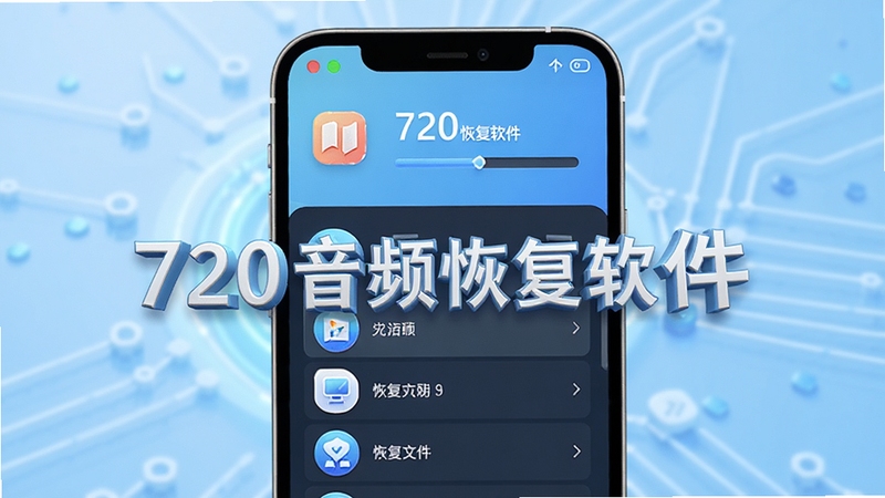 720音频恢复软件主界面展示,手机屏幕显示扫描进度条和恢复文件列表,背景为浅蓝色科技感渐变,图标立体醒目,整体风格简洁明亮,突出软件名称720音频恢复软件,画面主体居中,背景虚化处理,适配Boogu模型生成