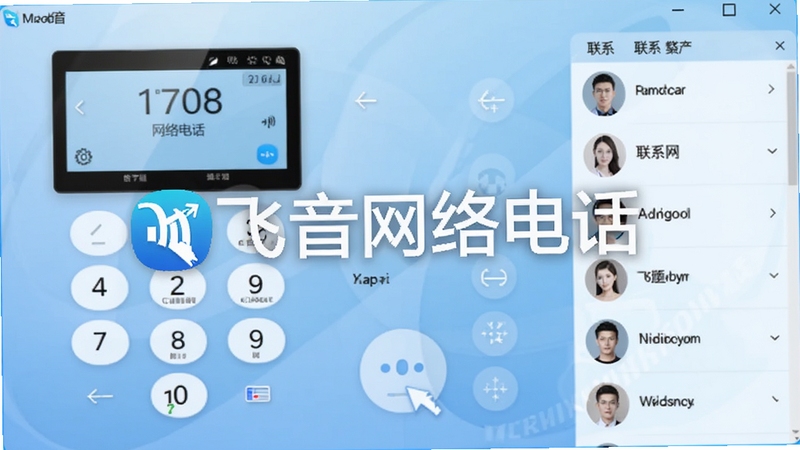 飞音网络电话主界面预览图,展示其简洁的拨号盘和联系人列表,背景为淡蓝色渐变,整体风格商务且现代,画面中心突出软件名称“飞音网络电话”的logo与水印。